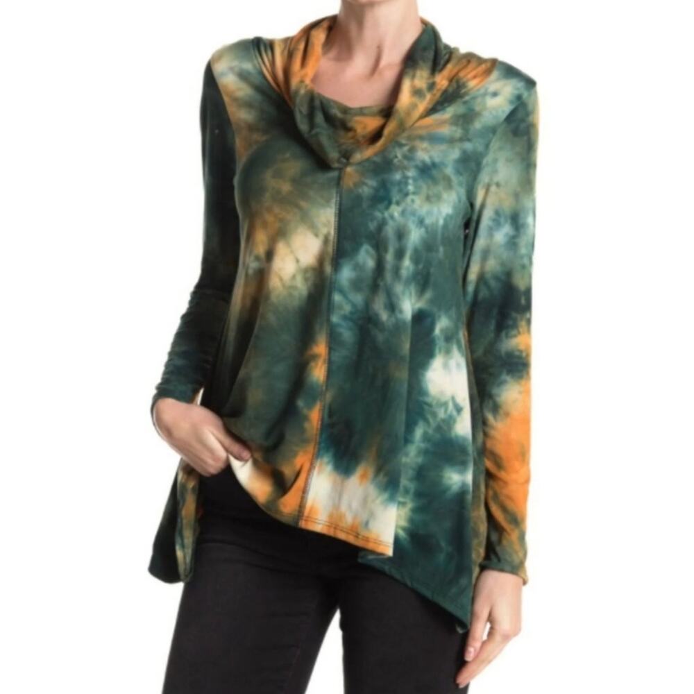Forgotten Grace Sweater Womens XS Green Gold Tie Dye Oversized Cowl Neck Casual